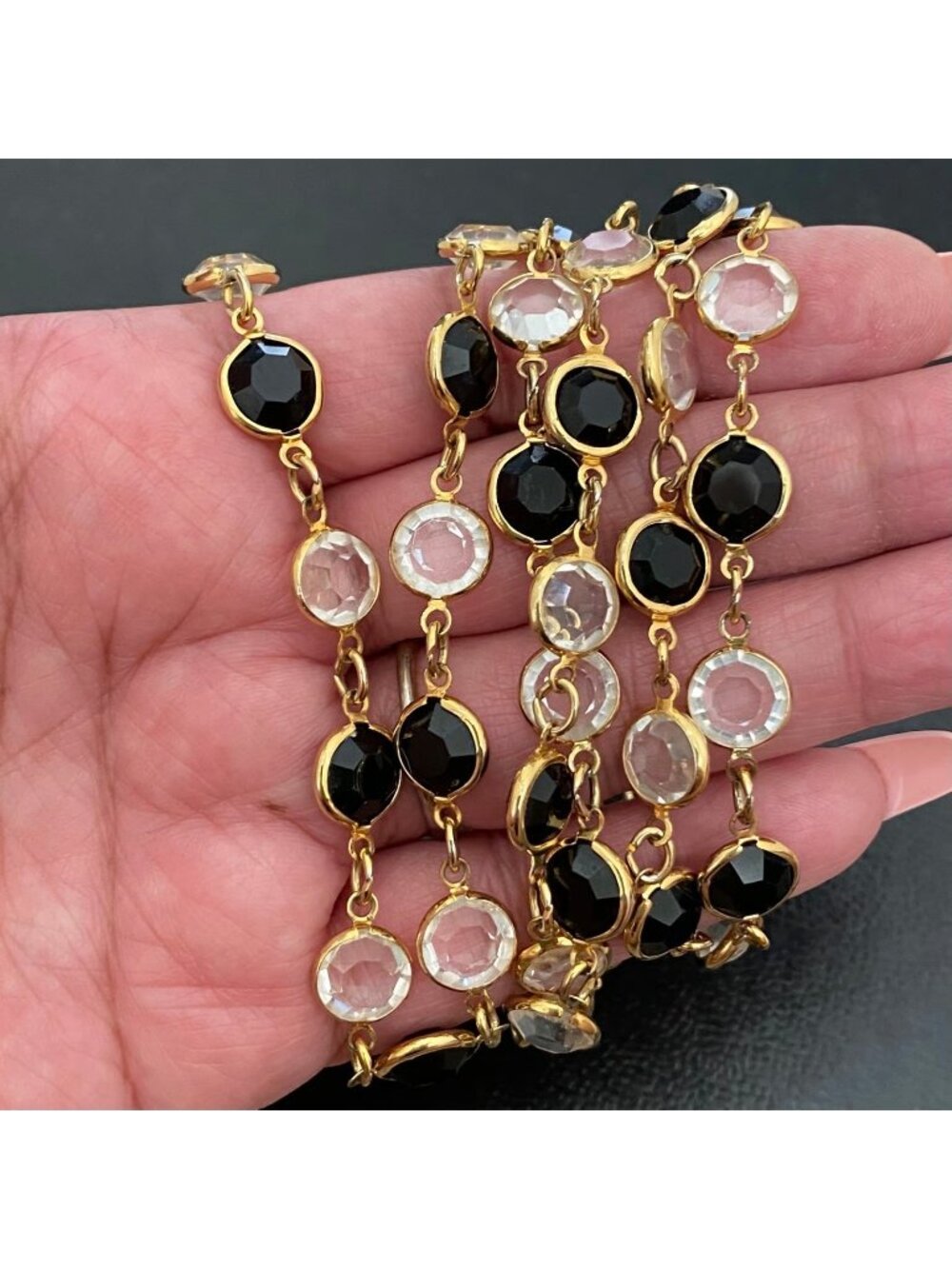 VTG Gold Tone Glass Beads Jewelry Set Necklace & Earrings Black and Clear 36 in